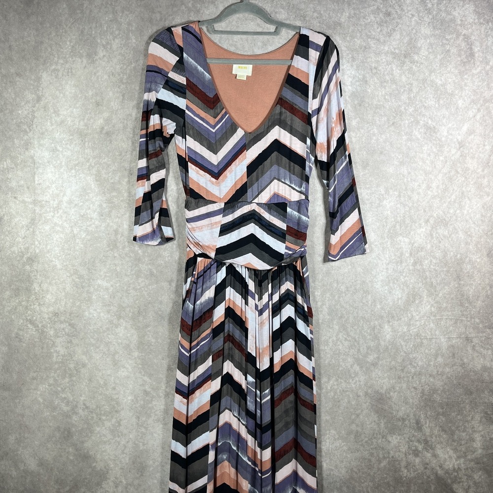 Anthropologie Maeve Dress Womens Medium Chevron Stripe Maxi 3/4 Sleeve Stretch